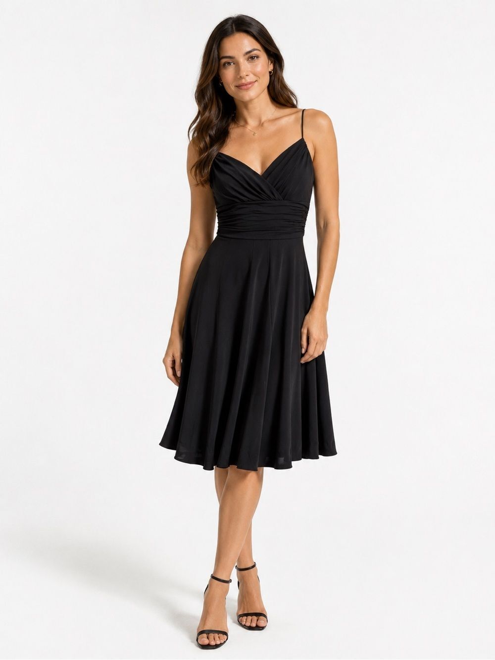 Anne Klein Black Ruched V-Neck Spaghetti Strap Midi Dress Formal Party SZ 2